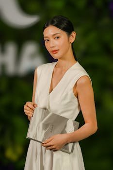 Home Elegant woman in white dress holding a book at an event in Taipei, showcasing sophisticated style.