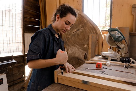 yoga A skilled female woodworker using a drill in a carpentry workshop with tools around her.
